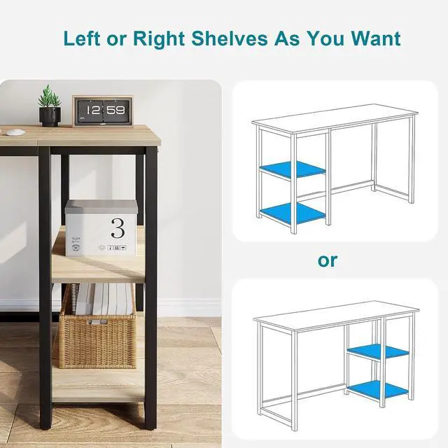 Alt view image 4 of 7 - SINPAID Computer Desk 47 inches with 2-Tier Shelves Sturdy Home Office Desks with Large Storage Space Modern Gaming Desk Study Writing Laptop Table, Oak