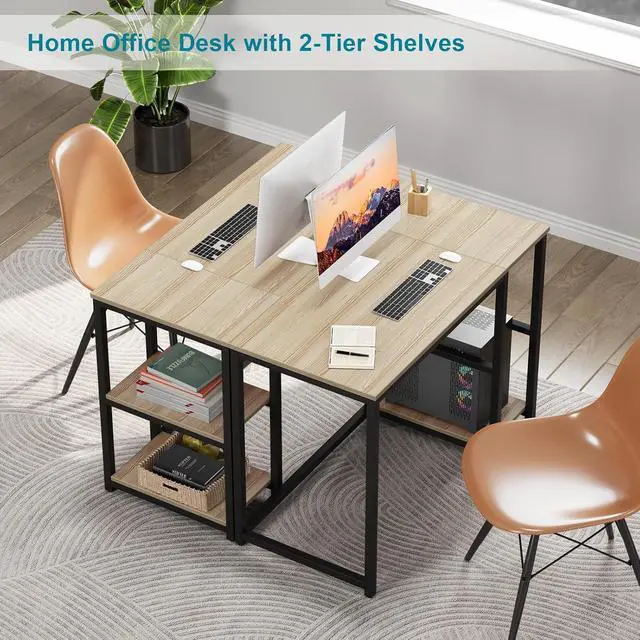 Alt view image 6 of 7 - SINPAID Computer Desk 47 inches with 2-Tier Shelves Sturdy Home Office Desks with Large Storage Space Modern Gaming Desk Study Writing Laptop Table, Oak