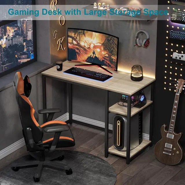 Alt view image 7 of 7 - SINPAID Computer Desk 47 inches with 2-Tier Shelves Sturdy Home Office Desks with Large Storage Space Modern Gaming Desk Study Writing Laptop Table, Oak