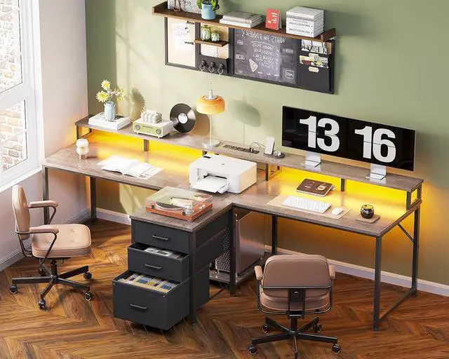 Alt view image 2 of 7 - Casaottima 94 Inch 2 Person Home Office Computer Desk with Power Outlet & LED Light, Fabric Drawers & File Cabinet, Long Writing Desk with Monitor Stand, Storage Shelves, Study/Work Table, Grey