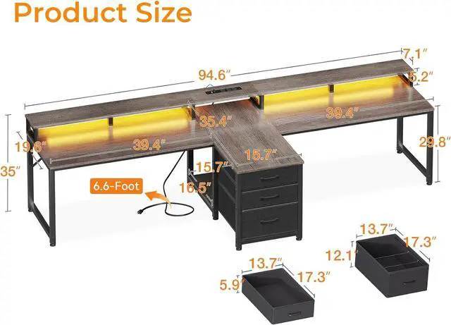 Alt view image 3 of 7 - Casaottima 94 Inch 2 Person Home Office Computer Desk with Power Outlet & LED Light, Fabric Drawers & File Cabinet, Long Writing Desk with Monitor Stand, Storage Shelves, Study/Work Table, Grey