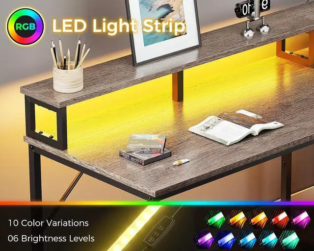 Alt view image 5 of 7 - Casaottima 94 Inch 2 Person Home Office Computer Desk with Power Outlet & LED Light, Fabric Drawers & File Cabinet, Long Writing Desk with Monitor Stand, Storage Shelves, Study/Work Table, Grey