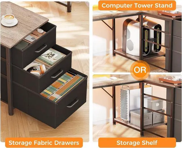 Alt view image 6 of 7 - Casaottima 94 Inch 2 Person Home Office Computer Desk with Power Outlet & LED Light, Fabric Drawers & File Cabinet, Long Writing Desk with Monitor Stand, Storage Shelves, Study/Work Table, Grey