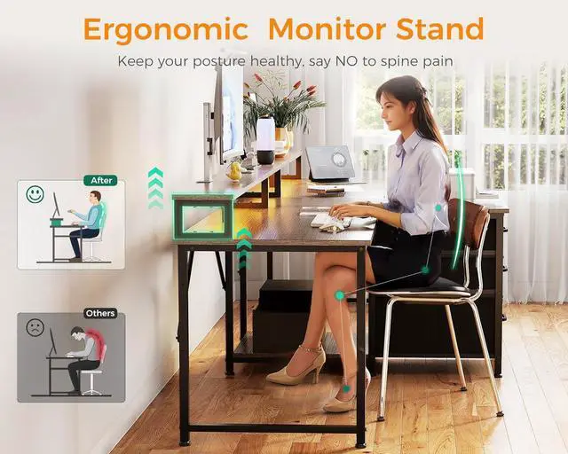 Alt view image 7 of 7 - Casaottima 94 Inch 2 Person Home Office Computer Desk with Power Outlet & LED Light, Fabric Drawers & File Cabinet, Long Writing Desk with Monitor Stand, Storage Shelves, Study/Work Table, Grey