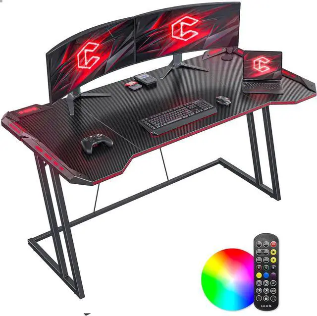 Main image of CubiCubi Gaming Desk with LED Lights, 55" Z Shaped Gamer Desk, Home Game Computer Desk with Carbon Fiber Surface, Ergonomic Office PC Workstation with Cable Management, Black