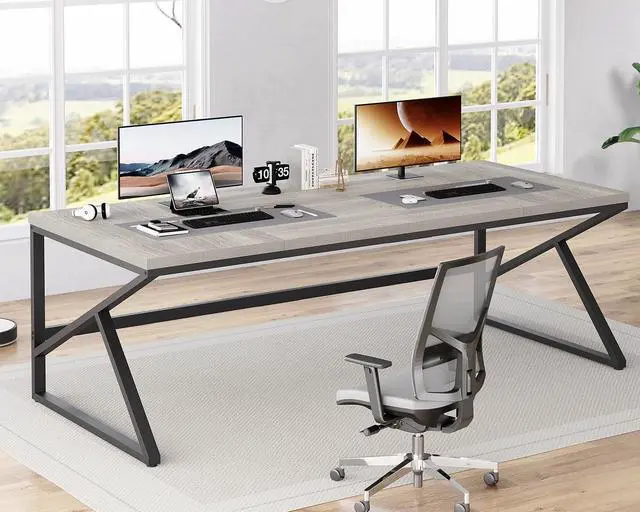 Main image of HSH 78 Inch Long Home Office Desk, Extra Large Grey Computer Desk for 2 Person, Industrial Wooden and Metal Executive Work Writing Study Gaming Desk Table, Modern Bedroom PC Laptop Desk Double Desk