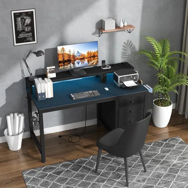 Alt view image 2 of 7 - Lufeiya Gaming Desk with LED Lights and Power Outlets, 47 inch Computer Desk with Fabric Drawers, Reversible Home Office Desk with Monitor Stand, Black