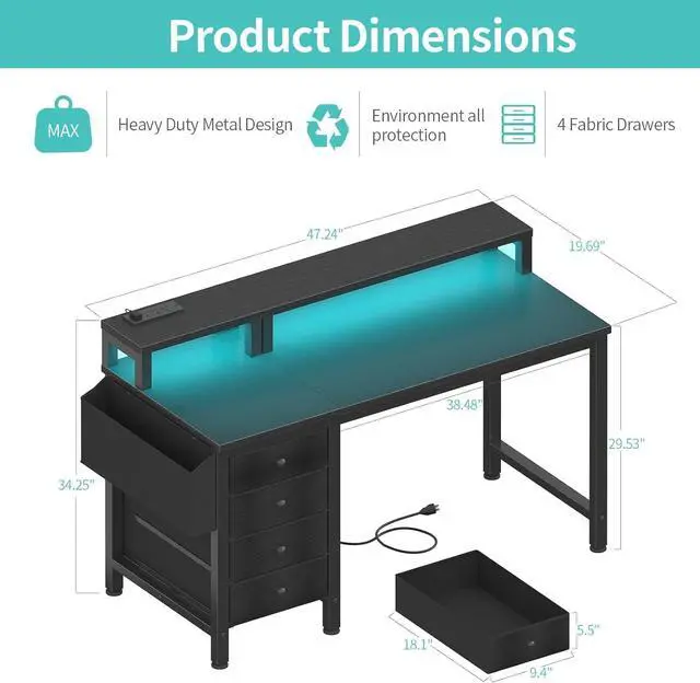 Alt view image 3 of 7 - Lufeiya Gaming Desk with LED Lights and Power Outlets, 47 inch Computer Desk with Fabric Drawers, Reversible Home Office Desk with Monitor Stand, Black