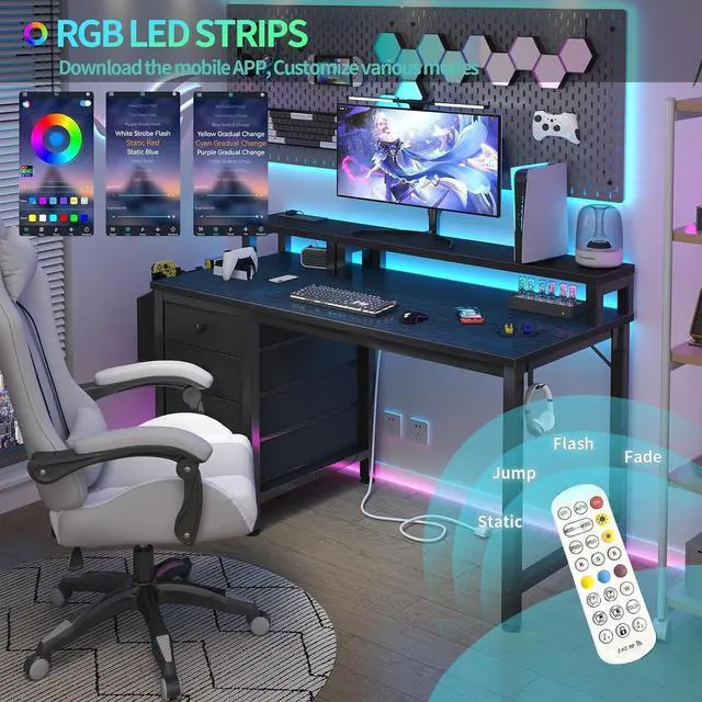 Alt view image 4 of 7 - Lufeiya Gaming Desk with LED Lights and Power Outlets, 47 inch Computer Desk with Fabric Drawers, Reversible Home Office Desk with Monitor Stand, Black