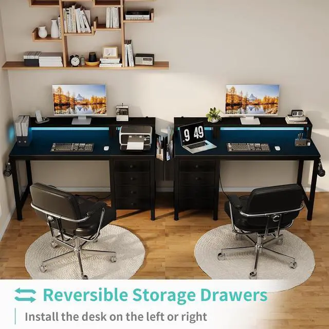 Alt view image 5 of 7 - Lufeiya Gaming Desk with LED Lights and Power Outlets, 47 inch Computer Desk with Fabric Drawers, Reversible Home Office Desk with Monitor Stand, Black