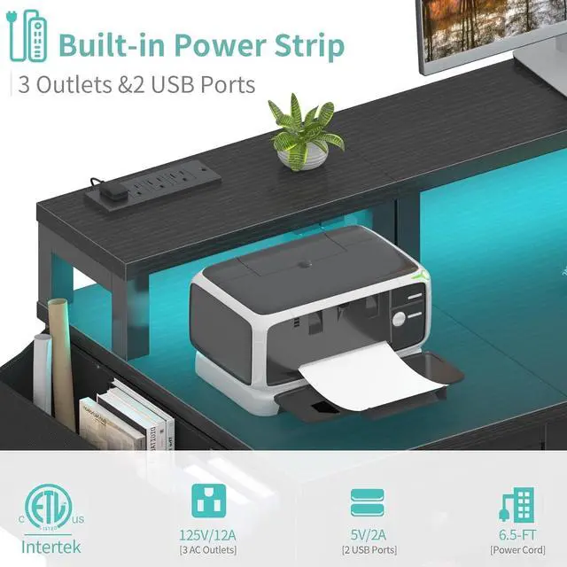 Alt view image 7 of 7 - Lufeiya Gaming Desk with LED Lights and Power Outlets, 47 inch Computer Desk with Fabric Drawers, Reversible Home Office Desk with Monitor Stand, Black