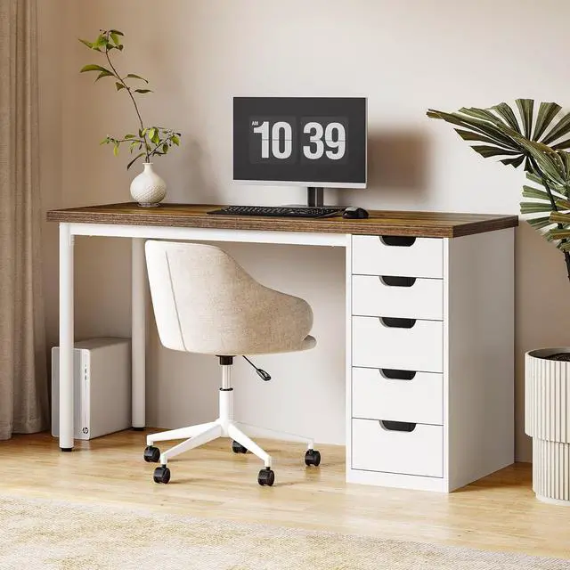 Alt view image 2 of 7 - LITTLE TREE Computer Desk with 5 Drawers, 47 Inch Modern Simple Study Writing Desk with Metal Frame, Work Desk for Home Office, Rustic Brown and White