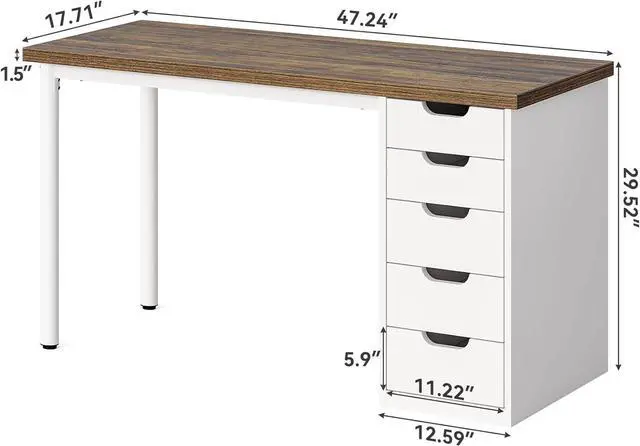 Alt view image 3 of 7 - LITTLE TREE Computer Desk with 5 Drawers, 47 Inch Modern Simple Study Writing Desk with Metal Frame, Work Desk for Home Office, Rustic Brown and White