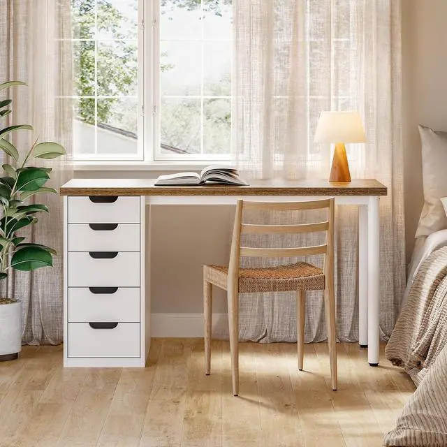 Alt view image 4 of 7 - LITTLE TREE Computer Desk with 5 Drawers, 47 Inch Modern Simple Study Writing Desk with Metal Frame, Work Desk for Home Office, Rustic Brown and White