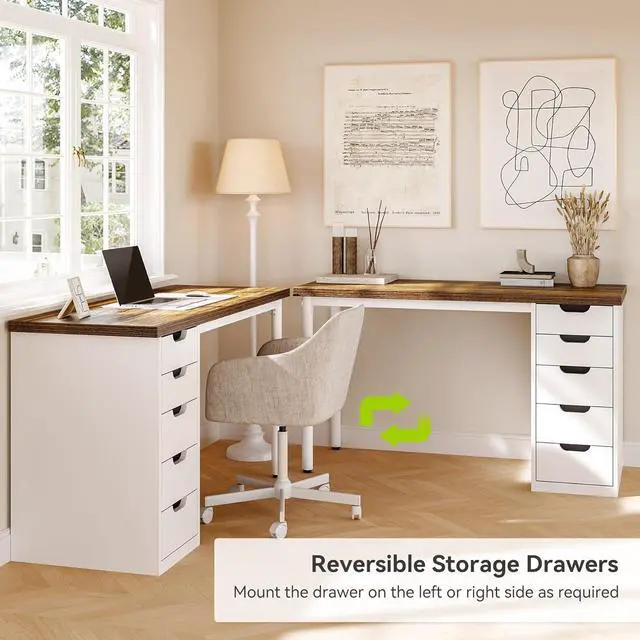 Alt view image 5 of 7 - LITTLE TREE Computer Desk with 5 Drawers, 47 Inch Modern Simple Study Writing Desk with Metal Frame, Work Desk for Home Office, Rustic Brown and White