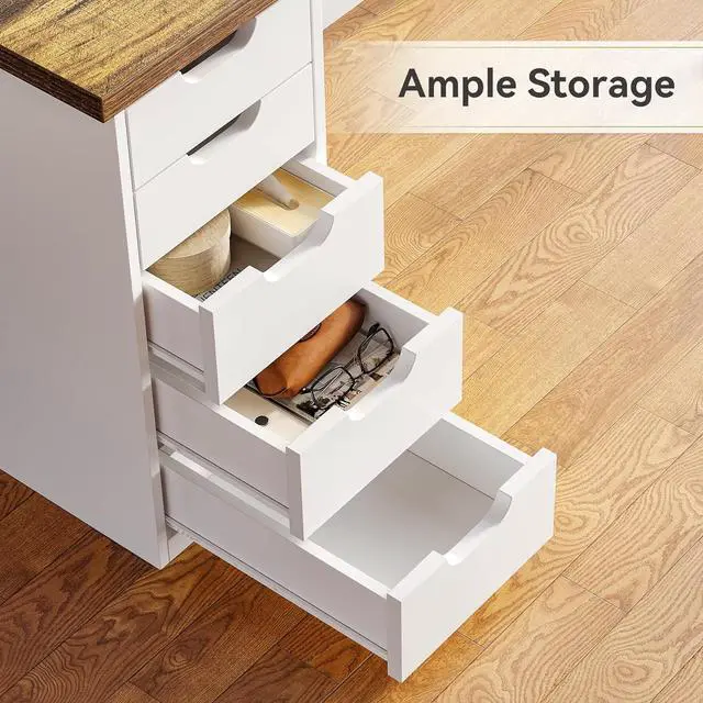 Alt view image 6 of 7 - LITTLE TREE Computer Desk with 5 Drawers, 47 Inch Modern Simple Study Writing Desk with Metal Frame, Work Desk for Home Office, Rustic Brown and White