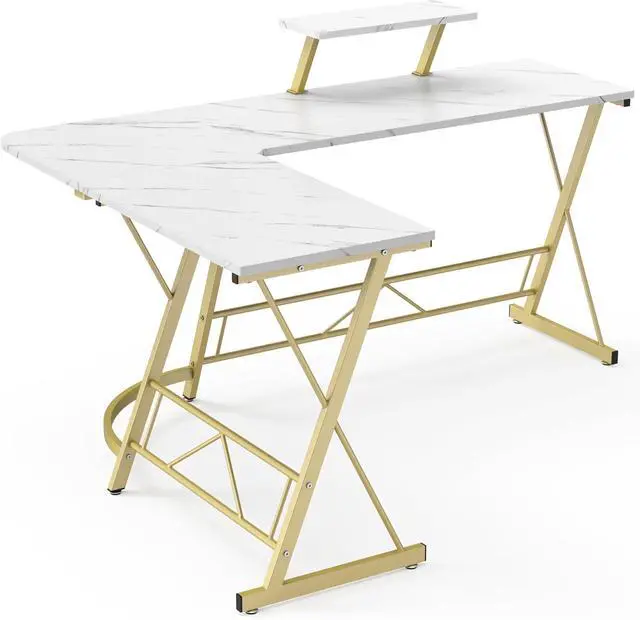 Alt view image 6 of 7 - Mr IRONSTONE 63" L Shaped Gaming Desk, Corner Computer Desk, Home Office Writing Desk with Sturdy Monitor Shelf, Spacious L Shaped Desk Workstation, Easy to Assemble, Laminate Marble