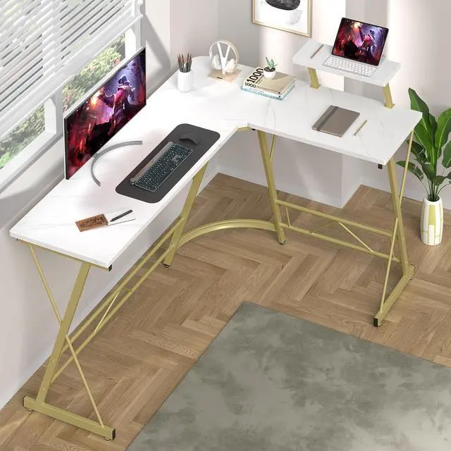 Alt view image 7 of 7 - Mr IRONSTONE 63" L Shaped Gaming Desk, Corner Computer Desk, Home Office Writing Desk with Sturdy Monitor Shelf, Spacious L Shaped Desk Workstation, Easy to Assemble, Laminate Marble