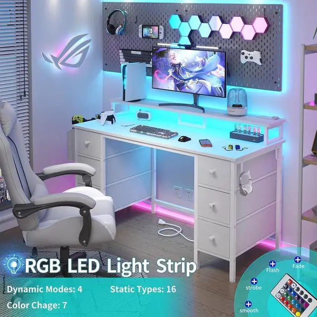 Alt view image 3 of 7 - Lufeiya White Gaming Desk with Drawers & Storage Shelves, 47 inch Home Office Desk with Monitor Stand, Computer Desk with LED Lights and Power Outlets, White