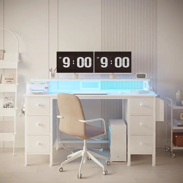Alt view image 4 of 7 - Lufeiya White Gaming Desk with Drawers & Storage Shelves, 47 inch Home Office Desk with Monitor Stand, Computer Desk with LED Lights and Power Outlets, White