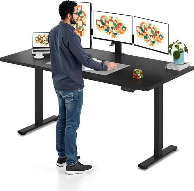 Main image of SANODESK Electric Standing Desk 71 x 32 Inches Height Adjustable Stand Up w/6-Button Controller Ergonomic Computer Desk with Splice Board for Home Office, Black Frame + Black Tabletop