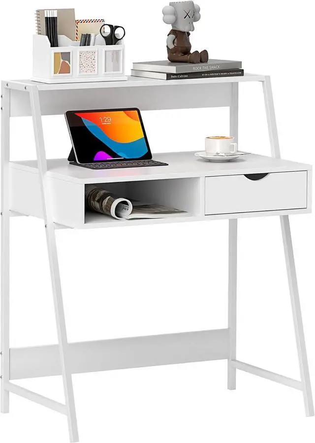 Main image of HOMCOM Home Office Desk, Computer Desk with A Frame for Small Spaces, Writing Table with Drawer and Storage Shelves, White