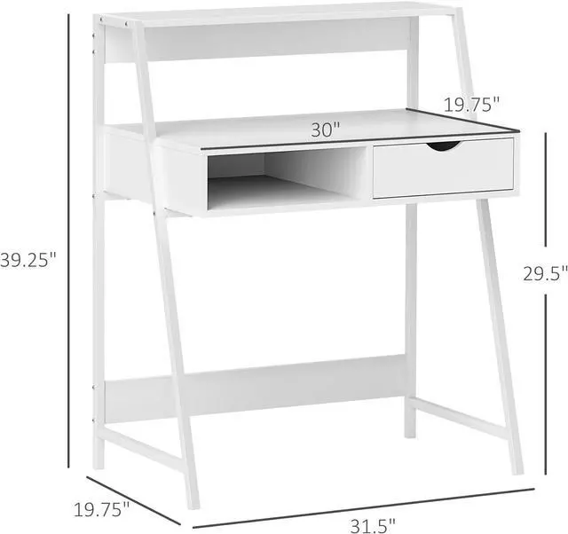 Alt view image 3 of 7 - HOMCOM Home Office Desk, Computer Desk with A Frame for Small Spaces, Writing Table with Drawer and Storage Shelves, White