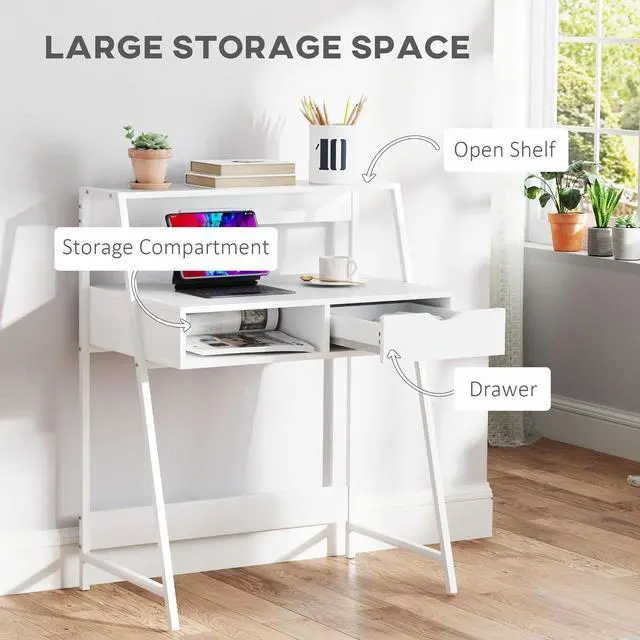 Alt view image 4 of 7 - HOMCOM Home Office Desk, Computer Desk with A Frame for Small Spaces, Writing Table with Drawer and Storage Shelves, White