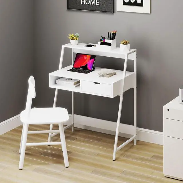 Alt view image 6 of 7 - HOMCOM Home Office Desk, Computer Desk with A Frame for Small Spaces, Writing Table with Drawer and Storage Shelves, White