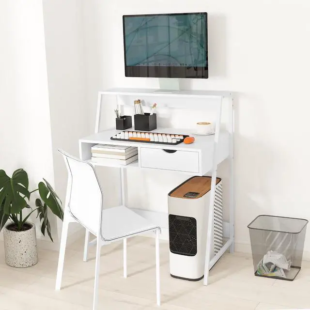 Alt view image 7 of 7 - HOMCOM Home Office Desk, Computer Desk with A Frame for Small Spaces, Writing Table with Drawer and Storage Shelves, White