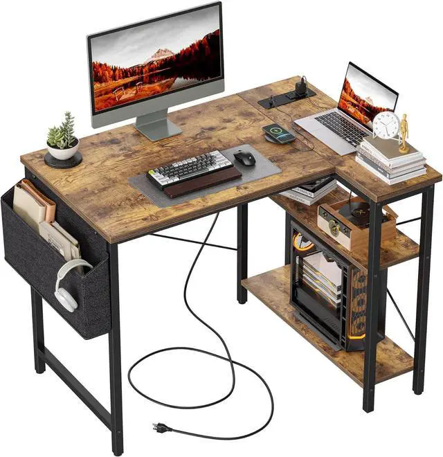 Main image of TIQLAB Small Computer Desk with Power Outlets, 40 Inch L Shaped Desk with Reversible Shelves, Gaming Desk Corner Desk Study Writing Desk for Home Office Bedroom Small Space, Rustic Brown