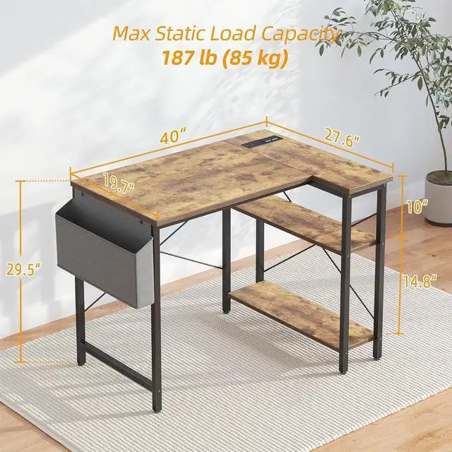 Alt view image 3 of 7 - TIQLAB Small Computer Desk with Power Outlets, 40 Inch L Shaped Desk with Reversible Shelves, Gaming Desk Corner Desk Study Writing Desk for Home Office Bedroom Small Space, Rustic Brown