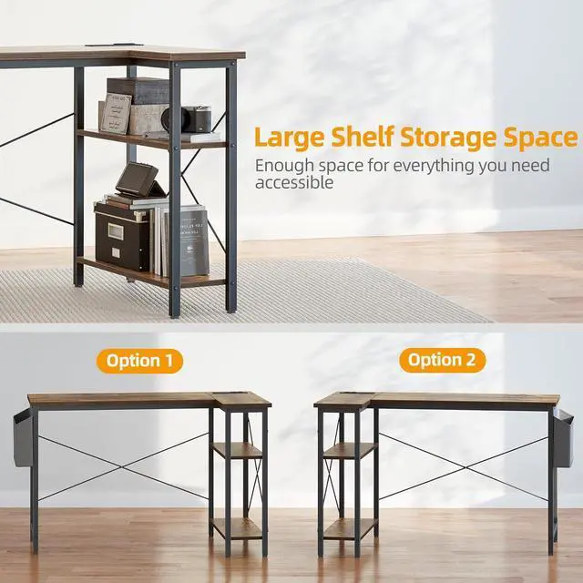 Alt view image 4 of 7 - TIQLAB Small Computer Desk with Power Outlets, 40 Inch L Shaped Desk with Reversible Shelves, Gaming Desk Corner Desk Study Writing Desk for Home Office Bedroom Small Space, Rustic Brown