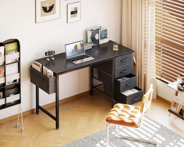 Alt view image 2 of 6 - Casaottima 40-Inch Small Computer Desk with 4 Fabric Drawers  Home Office Desks with Storage, Writing Desk with Side Hook and Cloth Bag, Modern Study/Work Table for Bedroom and Small Space, Black