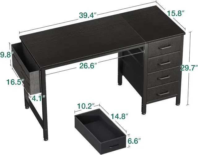 Alt view image 3 of 6 - Casaottima 40-Inch Small Computer Desk with 4 Fabric Drawers  Home Office Desks with Storage, Writing Desk with Side Hook and Cloth Bag, Modern Study/Work Table for Bedroom and Small Space, Black