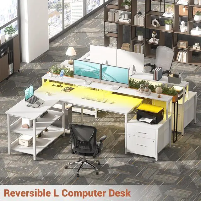 Alt view image 2 of 7 - Aheaplus L Shaped Desk with File Drawer, 66" Reversible L Shaped Computer Desk with Power Outlet & LED Strip, Gaming Desk with Long Monitor Stand, Office Desk Corner Desk with Storage Shelf, White