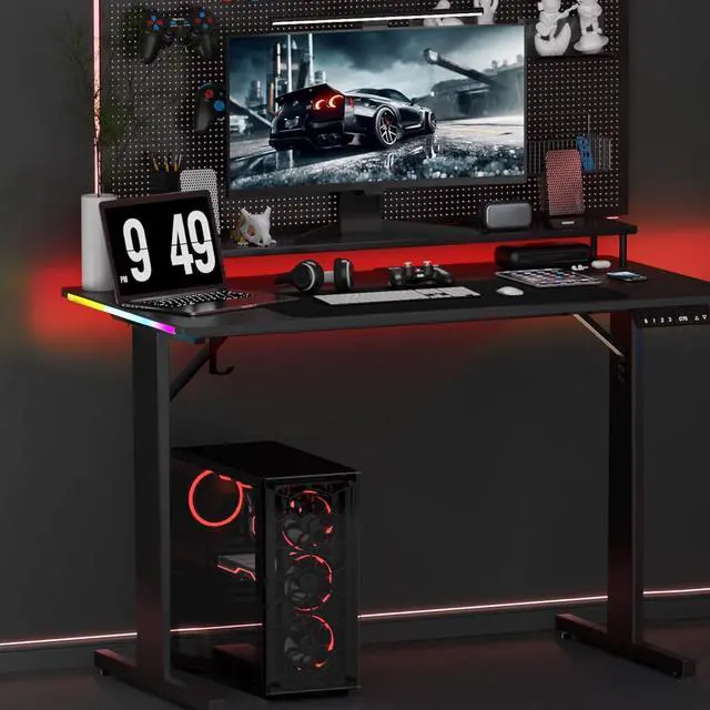 Alt view image 2 of 7 - GTRACING Gaming Desk 55 Inch with LED Lights, Large Computer Desk with Mouse Pad for Home Office, T-Shaped Carbon Fibre Surface PC Game Workstations with Headphone Hook Light Black