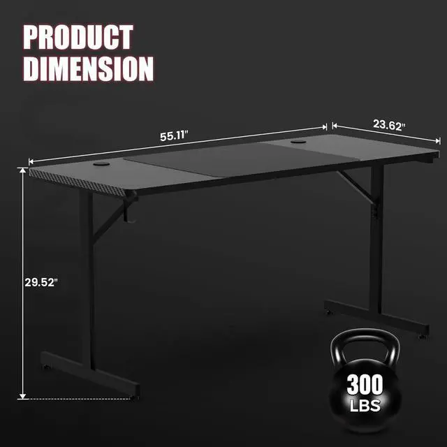 Alt view image 3 of 7 - GTRACING Gaming Desk 55 Inch with LED Lights, Large Computer Desk with Mouse Pad for Home Office, T-Shaped Carbon Fibre Surface PC Game Workstations with Headphone Hook Light Black