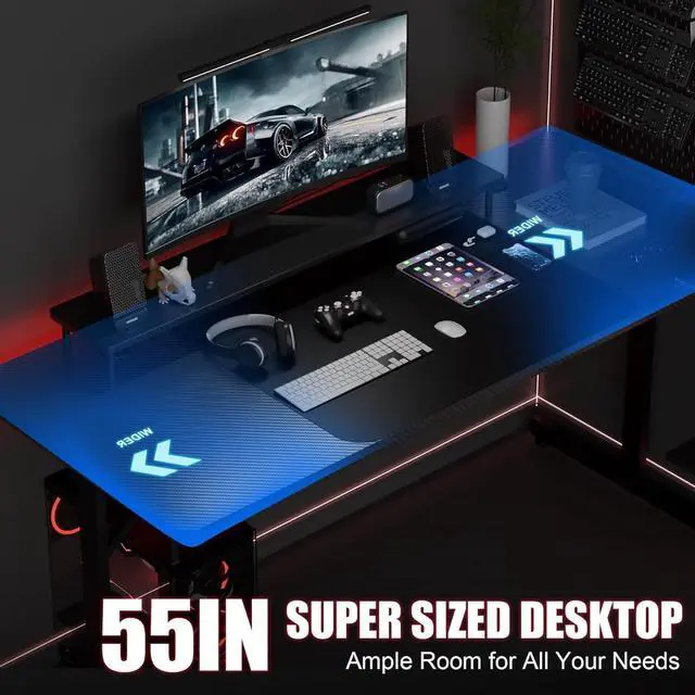 Alt view image 4 of 7 - GTRACING Gaming Desk 55 Inch with LED Lights, Large Computer Desk with Mouse Pad for Home Office, T-Shaped Carbon Fibre Surface PC Game Workstations with Headphone Hook Light Black