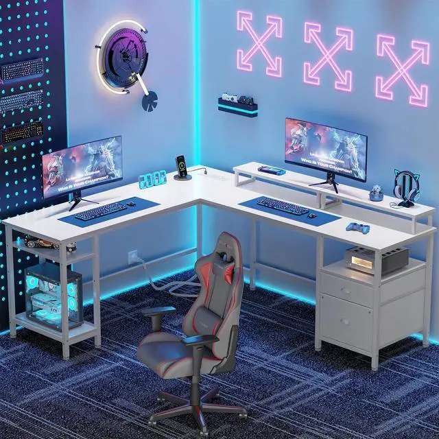 Alt view image 2 of 7 - Furologee 66 L Shaped Desk with Power Outlet, Reversible Computer Gaming Desk with File Drawer & 2 Monitor Stands for Home Office with Storage Shelves, White