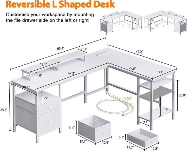 Alt view image 3 of 7 - Furologee 66 L Shaped Desk with Power Outlet, Reversible Computer Gaming Desk with File Drawer & 2 Monitor Stands for Home Office with Storage Shelves, White