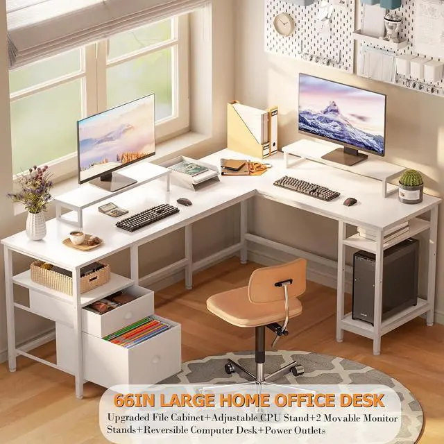 Alt view image 4 of 7 - Furologee 66 L Shaped Desk with Power Outlet, Reversible Computer Gaming Desk with File Drawer & 2 Monitor Stands for Home Office with Storage Shelves, White