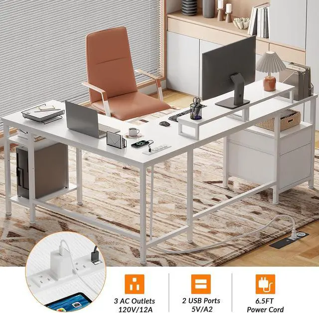 Alt view image 6 of 7 - Furologee 66 L Shaped Desk with Power Outlet, Reversible Computer Gaming Desk with File Drawer & 2 Monitor Stands for Home Office with Storage Shelves, White
