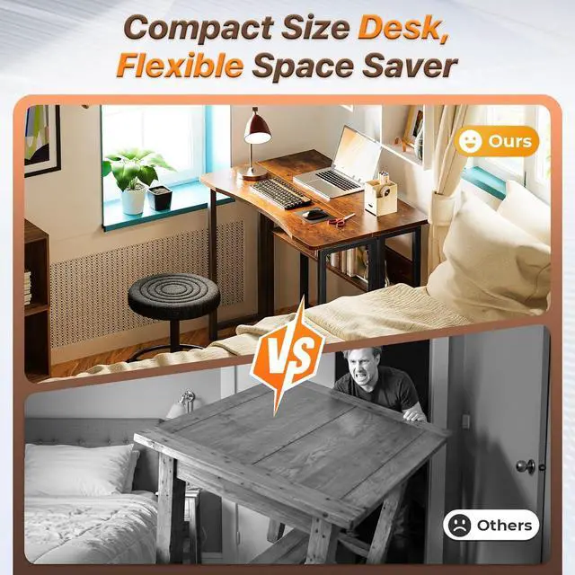 Alt view image 3 of 7 - Huuger Folding Desk with Storage Shelf, 31.5 Inch Foldable Computer Table for Small Spaces, Space Saving Sofa Table for Couch, Writing Work Office Computer Desk, Easy to Fold, Rustic Brown