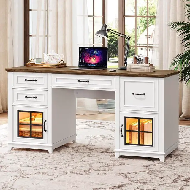 Main image of 58" Executive Desk, Farmhouse Computer Desk with Drawers and File Cabinet, LED Light, Wooden Home Office Desk with Charging Station, Workspace for Study Writing, White and Walnut
