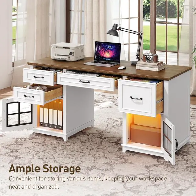 Alt view image 3 of 7 - 58" Executive Desk, Farmhouse Computer Desk with Drawers and File Cabinet, LED Light, Wooden Home Office Desk with Charging Station, Workspace for Study Writing, White and Walnut