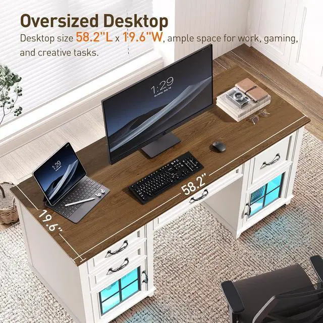 Alt view image 5 of 7 - 58" Executive Desk, Farmhouse Computer Desk with Drawers and File Cabinet, LED Light, Wooden Home Office Desk with Charging Station, Workspace for Study Writing, White and Walnut