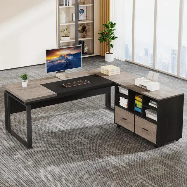 Main image of Tribesigns L-Shaped Executive Desk with Reversible File Cabinet, 63" Office Desk with Storage Drawers, L-Shaped Computer Desk with Drawer Cabinet for Hanging Letter Size Files (Gray & Black)