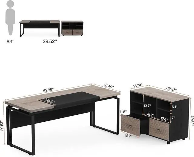 Alt view image 2 of 7 - Tribesigns L-Shaped Executive Desk with Reversible File Cabinet, 63" Office Desk with Storage Drawers, L-Shaped Computer Desk with Drawer Cabinet for Hanging Letter Size Files (Gray & Black)