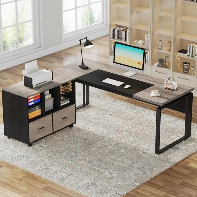 Alt view image 5 of 7 - Tribesigns L-Shaped Executive Desk with Reversible File Cabinet, 63" Office Desk with Storage Drawers, L-Shaped Computer Desk with Drawer Cabinet for Hanging Letter Size Files (Gray & Black)
